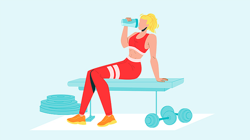 Woman Drink Protein Cocktail From Shaker Vector. Sportive Girl Sitting On Gym Bench And Drinking Protein Refreshment Beverage After Exercise. Character And Sport Equipment Flat Cartoon Illustration