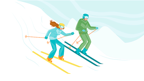 Man And Woman Skiing Downhill From Hill Vector. Young Boy And Girl Skiers Skiing Down From Snow Mountain. Characters Winter Seasonal Activity Extreme Sport Flat Cartoon Illustration