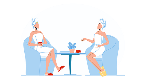 Women Wearing Bathrobe And Towel On Head Vector. Girls Wear Bathrobe And Napkin Sitting On Chairs, Drinking Beverage And Speaking After Shower Or Sauna. Characters Flat Cartoon Illustration