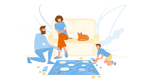 Family Playing Board Game On Room Floor Vector. Man Father, Woman Mother And Boy Son Play Board Game, Cat Lying On Couch. Characters Parents And Child Active Funny Time Flat Cartoon Illustration