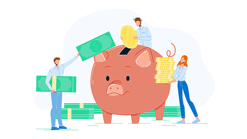 Businesspeople Add Money To Piggy Bank Vector. Man And Girl Adding Coin And Dollar Banknotes In Money Bag. Characters Nusiness Partner Profit, Investment Crowdfunding Flat Cartoon Illustration
