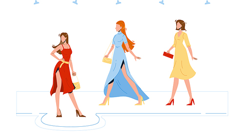 Model Girls Wear Fashion Apparel On Podium Vector. Young Women in Fashionable Clothing Walking On Runway Demonstrating New Collection Of Apparel. Characters Flat Cartoon Illustration