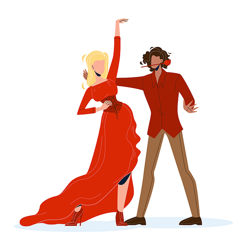 Woman And Man Dancers Dancing Flamenco Vector. Couple Dance Flamenco, Wearing Spanish Traditional Cultural Attractive Costumes. Characters Elegant Dress And Suit Flat Cartoon Illustration