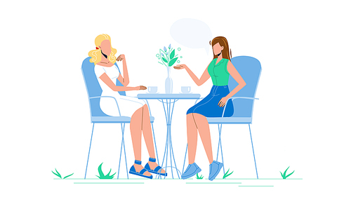 Girl Friends Talk And Drink Coffee In Cafe Vector. Young Woman Friends Sitting At Restaurant Table Talking And Drinking Hot Drinks. Characters Communication Flat Cartoon Illustration