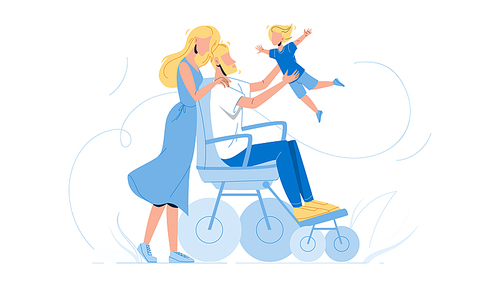 Father Man In Wheelchair Playing With Son Vector. Happy Young Family Woman Mother, Guy Invalid In Wheelchair And Boy Walking Together. Characters Parents With Child Flat Cartoon Illustration