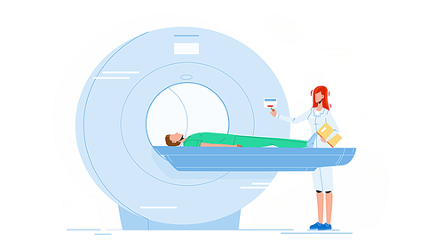 Nurse Preparing Patient For Mri Scan Test Vector. Doctor Testing Man Health In X-ray Mri Hospital Equipment. Character In Clinic Magnetic Resonance Imaging Scanner Device Flat Cartoon Illustration