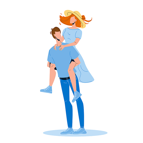 Man Holding Girl Piggyback Playing Game Vector. Young Boy Piggyback Ride Woman. Characters Boyfriend And Girlfriend Couple Funny Play Leisure Spending Time Together Flat Cartoon Illustration