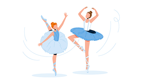 Ballerinas Wearing Tutu Dancing Ballet Vector. Young Women Dancers Wear Tutu Costumes Perform On Stage Or Rehearsing Dance. Characters Fashion Classical Dress Flat Cartoon Illustration