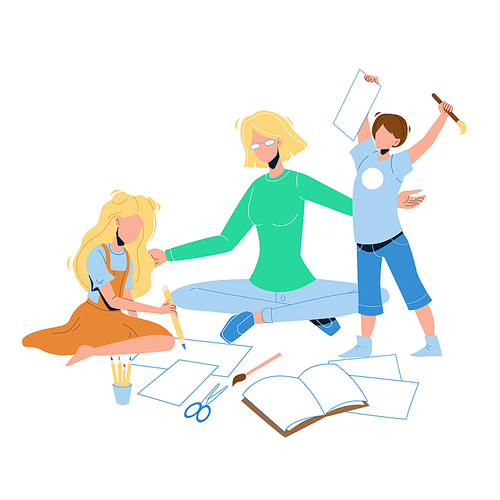 Babysitter Make Exercises With Children Vector. Babysitter Young Woman Playing And Educate With Little Boy And Girl. Characters Play Educational Game Together Flat Cartoon Illustration