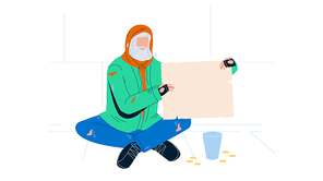 Beggar Sitting On Floor And Holding Carton Vector. Beggar Man Sit On Street Hold Blank Piece Of Paper Cardboard, Near Cup And Scattered Coins Money. Character Flat Cartoon Illustration