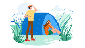 Campsite Tent And Tourists Man And Woman Vector. Camping Tent And Young Couple Boy And Girl Active Leisure, Campground Hiking. Characters Vacation Nature Adventure Flat Cartoon Illustration