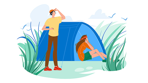 Campsite Tent And Tourists Man And Woman Vector. Camping Tent And Young Couple Boy And Girl Active Leisure, Campground Hiking. Characters Vacation Nature Adventure Flat Cartoon Illustration