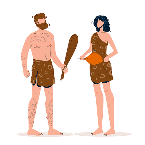 Caveman Primitive Man Talking With Woman Vector. Caveman Holding Wooden Truncheon Speaking With Girl Hold Fried Meat, Prehistoric Male And Female. Characters Cave People Flat Cartoon Illustration