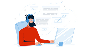 Man Coder Development Programming Computer Vector. Bearded Guy Coder Wearing Headphones Coding Application On Laptop, Software Engineer Sitting At Desk. Character Coding Flat Cartoon Illustration