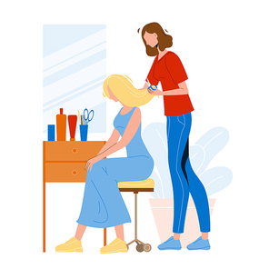 Hairdresser Trimming Girl Hair Beauty Salon Vector. Hairdresser Style Haircut Young Woman Client, Scissors And Hairbrush, Spray And Shampoo. Characters Stylist And Customer Flat Cartoon Illustration