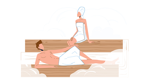 Man And Woman Relax In Sauna Beauty Salon Vector. Young Boy And Girl Wearing Towel Relaxing In Sauna, High Temperature Relaxation Steam. Spa Center Service Characters Flat Cartoon Illustration