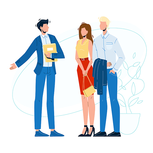 Seller Manager And Clients In Showroom Vector. Businessman Speaking With Young Couple Man And Woman In Showroom. Characters Choosing And Buying Shop Service Flat Cartoon Illustration