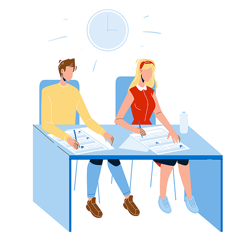 Student Exam Write On Paper Answer Sheet Vector. Student Boy And Girl Sitting At Table And Write Test In Classroom. Characters School Or University Education Flat Cartoon Illustration