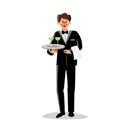 Butler Holding Tray With Cocktail Glasses Vector. Smiling Butler Man Wearing Suit Holding Salver With Drinks And Napkin. Character Residence Worker Service Staff Flat Cartoon Illustration