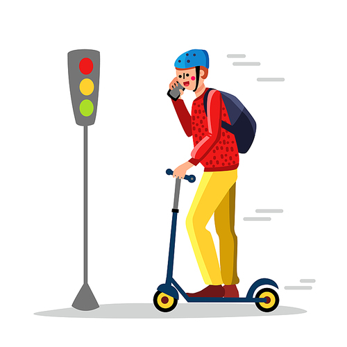 Careless Man Driving Kick Scooter On Street Vector. Careless Rider On Transport Drives On Prohibiting Traffic Light. Boy Wear Protection Helmet And Backpack. Character Flat Cartoon Illustration