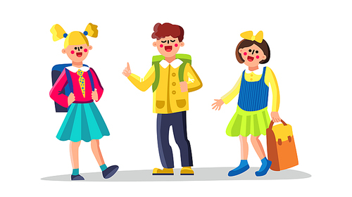 Classmates School Children Boy And Girl Vector. Funny Classmates Pupils Group With Backpack Discussing After Education Lessons. Characters Kids With Accessory Flat Cartoon Illustration
