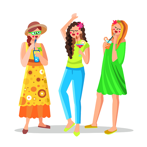 Women Alcoholic Or Non-alcoholic Cocktail Vector. Young Girls Drinking Cocktail, Making Celebratory Toast And Dancing. Characters Celebration Party Happy Leisure Time Flat Cartoon Illustration