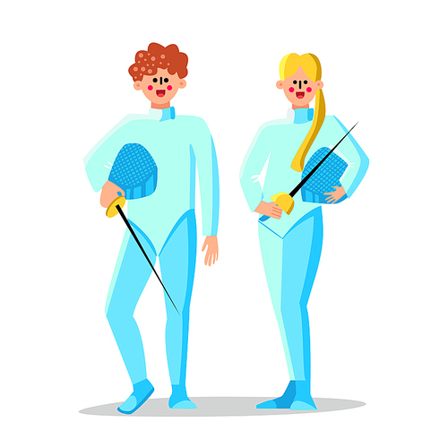 Fencing Professional Athletes Man And Woman Vector. Fencing Sportsman Wearing Sportive Uniform Holding Saber Rapier And Protective Helmet. Characters Fencers Flat Cartoon Illustration