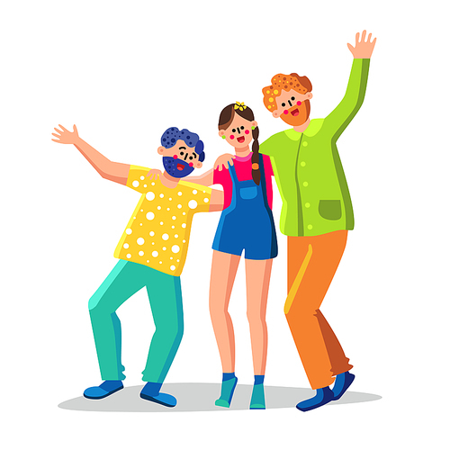 Friendship Of People Group Man And Woman Vector. Friendship Of Team Smiling Young Boy And Girl Hugging Together, Happy Friends. Laughing Friendly Characters Community Flat Cartoon Illustration