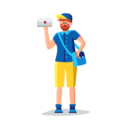 Mail Man With Mailbag Delivering Letter Vector. Happy Mail Courier Man Wearing Uniform Holding Bag And Envelope With Message. Character Postman Delivery Service Flat Cartoon Illustration