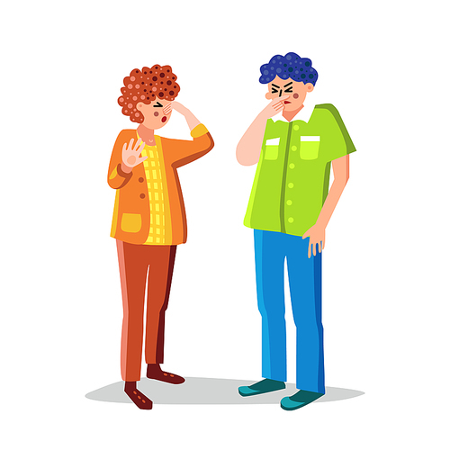 People Pinch Something Stinks Bad Odor Vector. Man And Woman Pinching Nose With Fingers And Closed Eyes Expression Negative Odor. Characters Emotion Dirty Smell Flat Cartoon Illustration