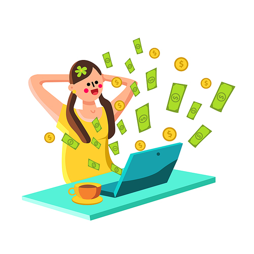 Passive Income Online Financial Business Vector. Young Woman Relaxing In Front Of Computer While Money Raining Down. Character Girl Laptop And Drink Cup On Workplace Flat Cartoon Illustration