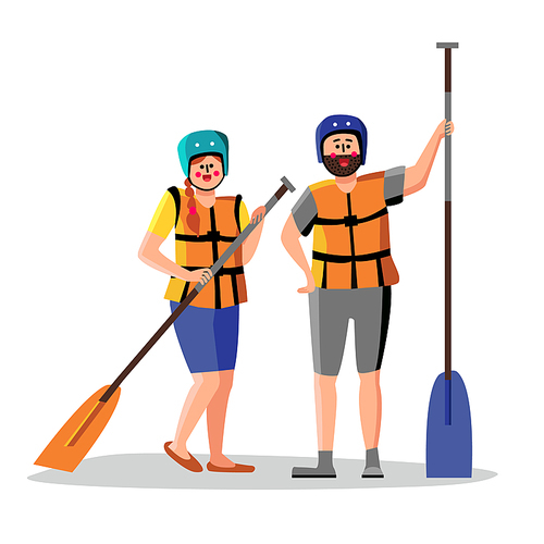 Rafting People Wear Life Vest Hold Paddle Vector. Happy Smiling Rafting Man And Woman Wearing Safety Jacket Holding Sportive Equipment. Characters Sport Active Life Flat Cartoon Illustration