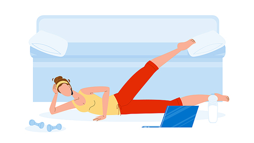 Woman Athlete Making Aerobics Exercise Vector. Young Girl Watch Online Video With Trainer Lessons And Make Athletic Aerobics. Character Passive Fitness Training Flat Cartoon Illustration