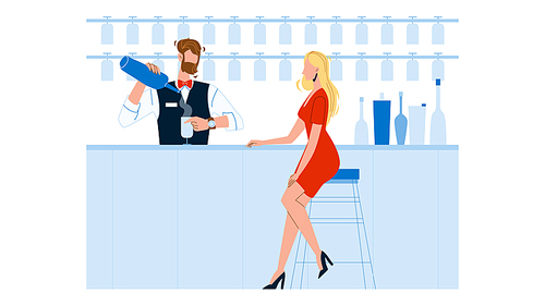 Bartender Expert Making Cocktail For Woman Vector. Young Bartender Make Mixing Alcoholic Or Non-alcoholic Drink For Bar Client. Characters Barman And Customer Flat Cartoon Illustration