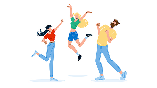 Happy People Jumping Enthusiasm Emotion Vector. Business Employee Young Man And Woman Jump in Air Cheerfully With Enthusiasm Expression. Characters Office Workers Or Friends Flat Cartoon Illustration