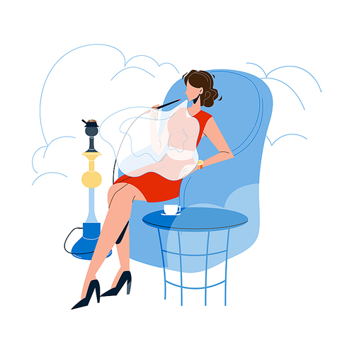Woman Relaxing And Smoking In Hookah Cafe Vector. Young Girl Sit In Armchair, Smoke Aromatic Hookah Tobacco And Drink Coffee Or Tea Drink. Character Resting Flat Cartoon Illustration