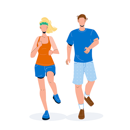 Joggers Man And Woman Running Together Vector. Young Boy And Girl Joggers Couple Run, Sport Training And Exercising. Characters Sportive Active Health Care Time Flat Cartoon Illustration