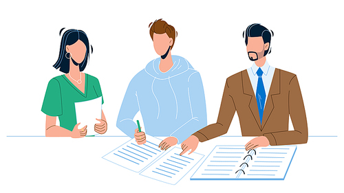 Man Signing Notary Document by Signature Vector. Notary Showing Place For Sign Legal Agreement Or Contract. Characters Attorney, Secretary And Client Lawyer Service Flat Cartoon Illustration