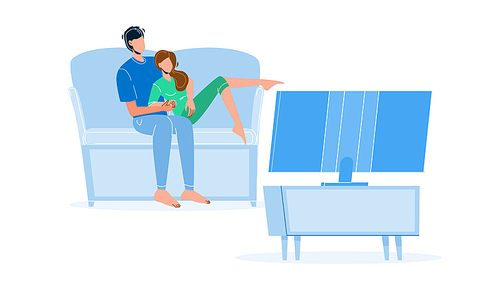 Pastime Couple Family Watching Tv Together Vector. Young Man And Woman Sitting On Couch And Watch Television Electronic Device, Passive Pastime. Characters Leisure Time Flat Cartoon Illustration