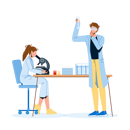Scientists Work And Research In Laboratory Vector. Scientists Workers, Woman Looking And Analyzing Through Microscope And Man Researching Chemical Liquid In Flask. Characters Flat Cartoon Illustration