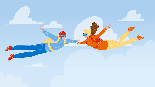 Skydivers Man And Woman Skydive In Air Vector. Young Boy And Girl Wearing Skydive Clothes, Protective Helmet And Parachute Falls Through From Sky. Characters Flat Cartoon Illustration