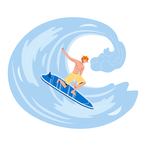 Sportsman Surfer Surfing On High Ocean Wave Vector. Young Man Surfing On Sea Water Sport Equipment Board. Character Athlete Extreme Sportive Active Lifestyle Flat Cartoon Illustration