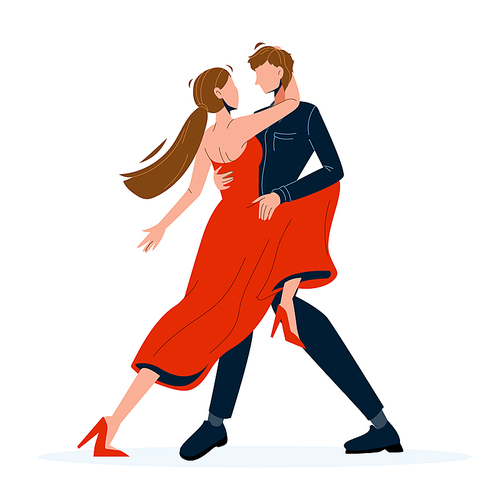 Tango Dance Dancing Couple Man And Woman Vector. Attractive Young Boy And Girl Dancers Wearing Elegant Clothes Performing Romantic Latino Tango. Characters Flat Cartoon Illustration
