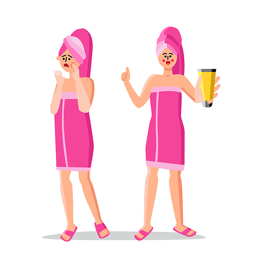 Balm Facial Skincare Problem Treatment Vector. Sad Young Woman With Face Skin Disease Showing Balm Cosmetic Tube Package. Character Wearing Bath Towel On Head And Body Flat Cartoon Illustration