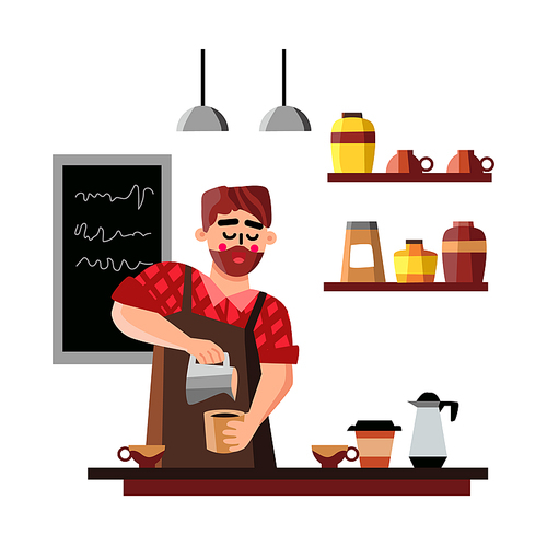Barista Man Making Cup Of Coffee Hot Drink Vector. Smiling Barista Prepare Aromatic Energy Cappuccino Or Latte. Character Cafe Worker Adding Milk In Beverage Flat Cartoon Illustration