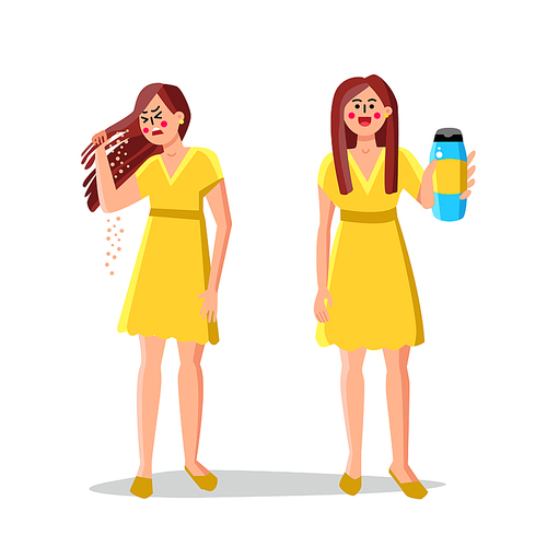 Dandruff Hair Problem And Treatment Shampoo Vector. Sad Young Woman Dandruff Flakes On Head And Girl Showing Haircare Liquid For Treat Dermatology Ill. Character Flat Cartoon Illustration