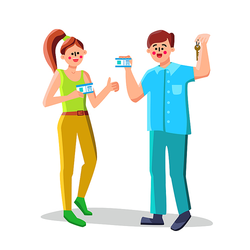 Driver License And Car Key Holding People Vector. Young Man And Woman Showing Driver License Plastic Card. Characters Hold Official Document Driving Permit Flat Cartoon Illustration