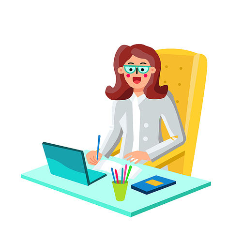 Economist Businesswoman Working On Laptop Vector. Young Woman Economist Financier Sitting In Office Chair And Work With Computer. Character Business Workplace Flat Cartoon Illustration