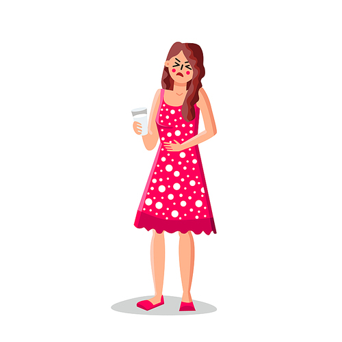 Lactose Intolerance Girl Hold Milk Glass Vector. Young Woman Suffering From Abdominal Pain Due To Lactose Intolerance Dairy Product. Character Stomach Ache Flat Cartoon Illustration