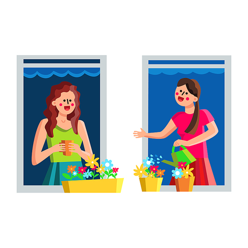 Neighbor Women Discussing Through Window Vector. Girl Watering Flowers And Talking With Neighbor Lady Holding Drink Cup. Characters Communication Conversation Flat Cartoon Illustration
